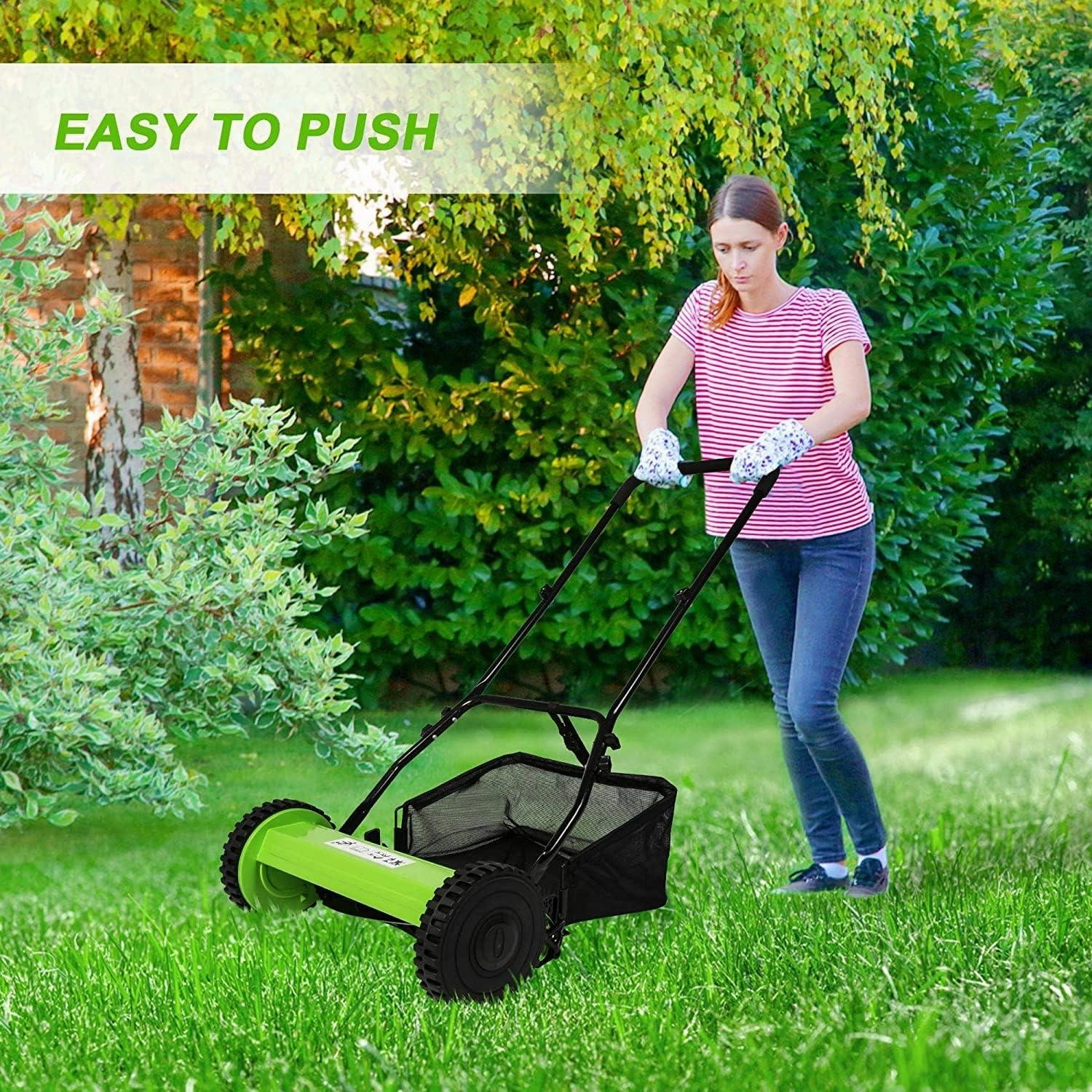 16" Push Cordless Lawn Mower 5-Blade Manual Walk-behind Mower with Detachable Grass Catcher, 2 Wheels