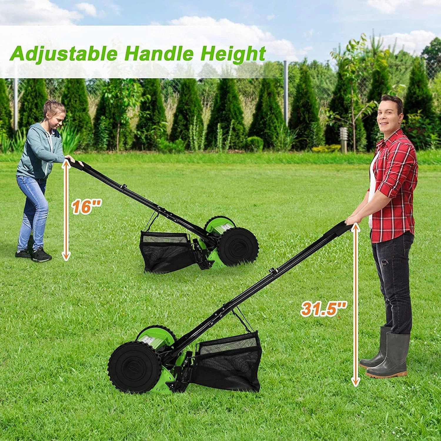 16" Push Cordless Lawn Mower 5-Blade Manual Walk-behind Mower with Detachable Grass Catcher, 2 Wheels