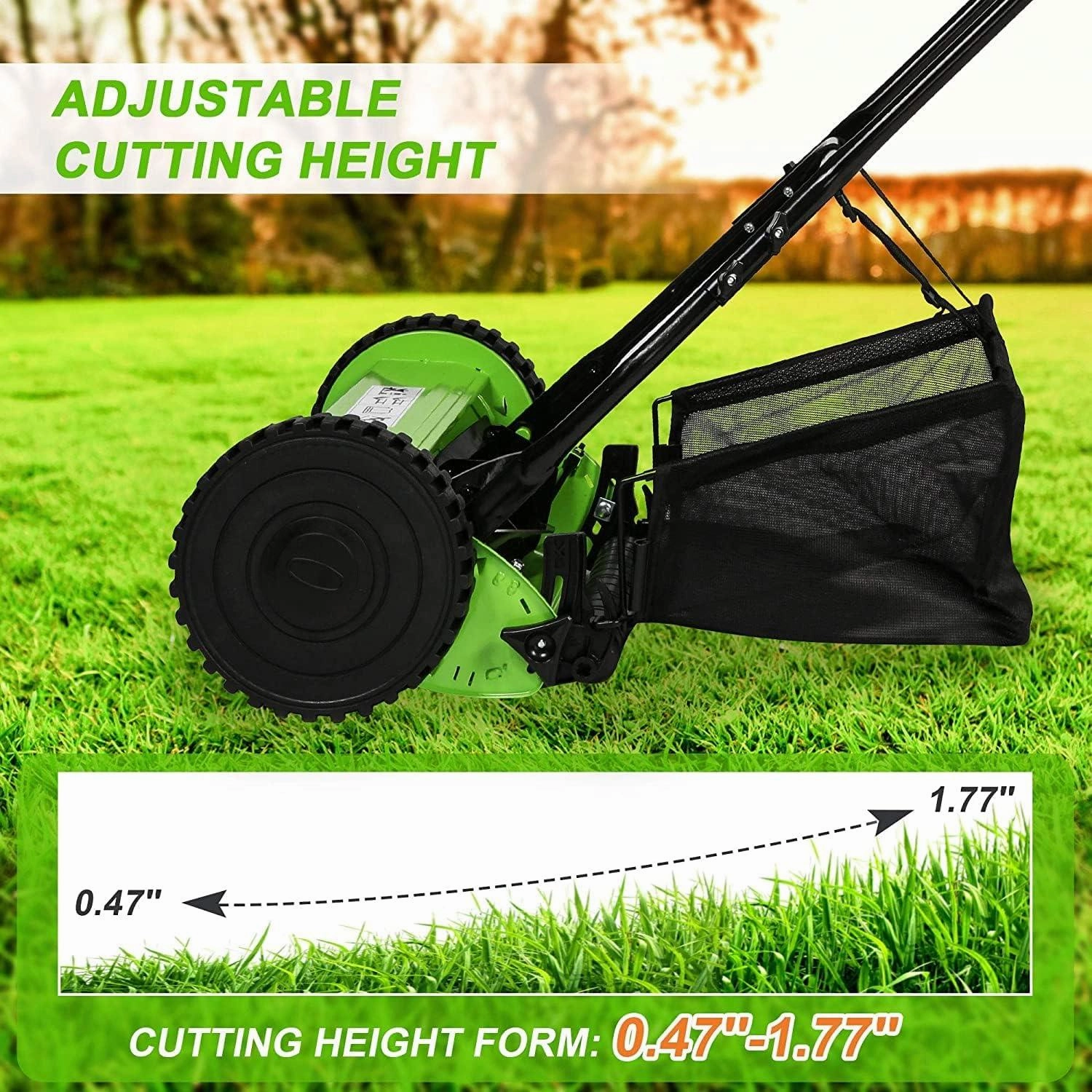 16" Push Cordless Lawn Mower 5-Blade Manual Walk-behind Mower with Detachable Grass Catcher, 2 Wheels