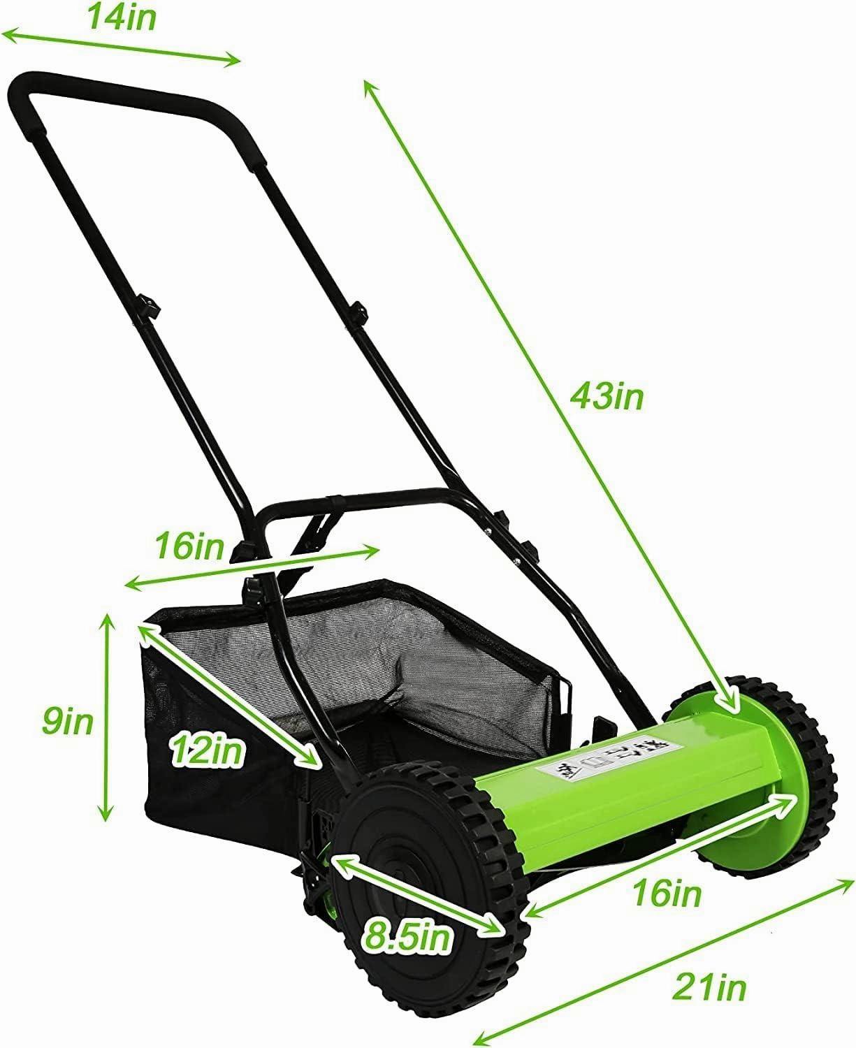 16" Push Cordless Lawn Mower 5-Blade Manual Walk-behind Mower with Detachable Grass Catcher, 2 Wheels