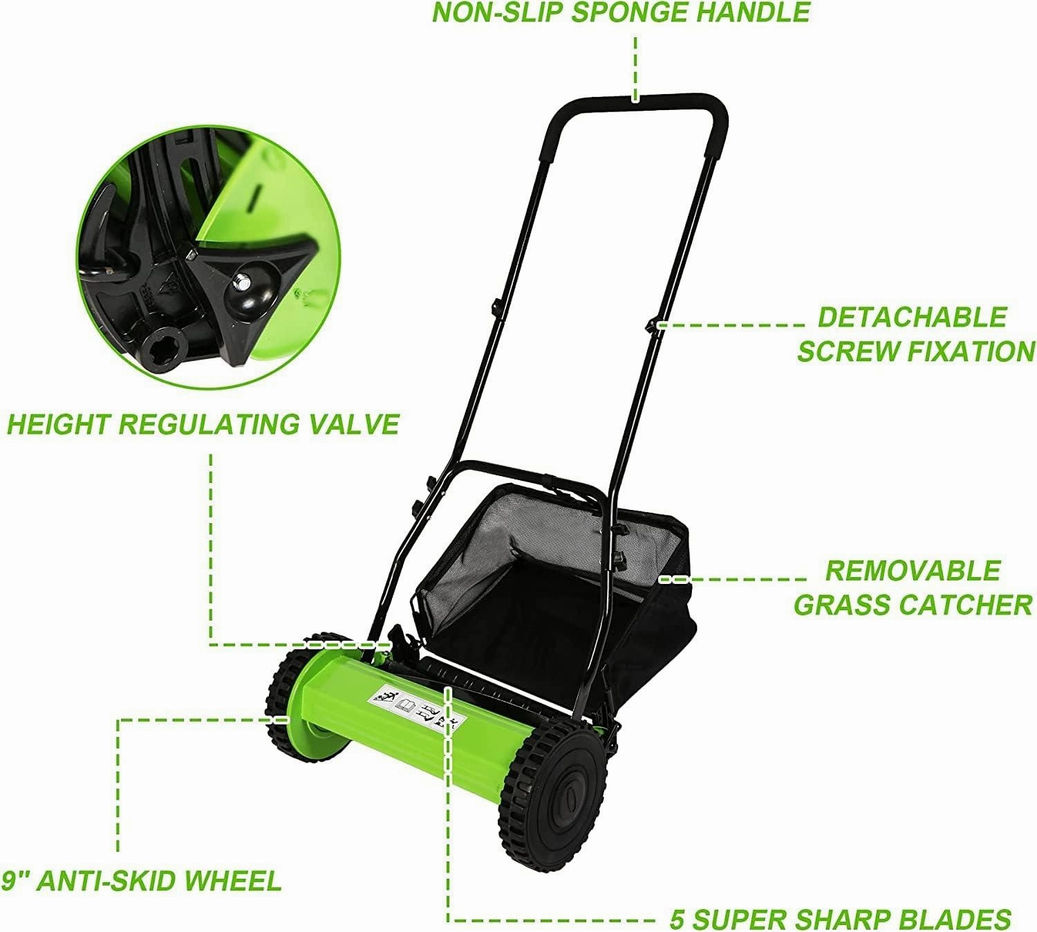 16" Push Cordless Lawn Mower 5-Blade Manual Walk-behind Mower with Detachable Grass Catcher, 2 Wheels