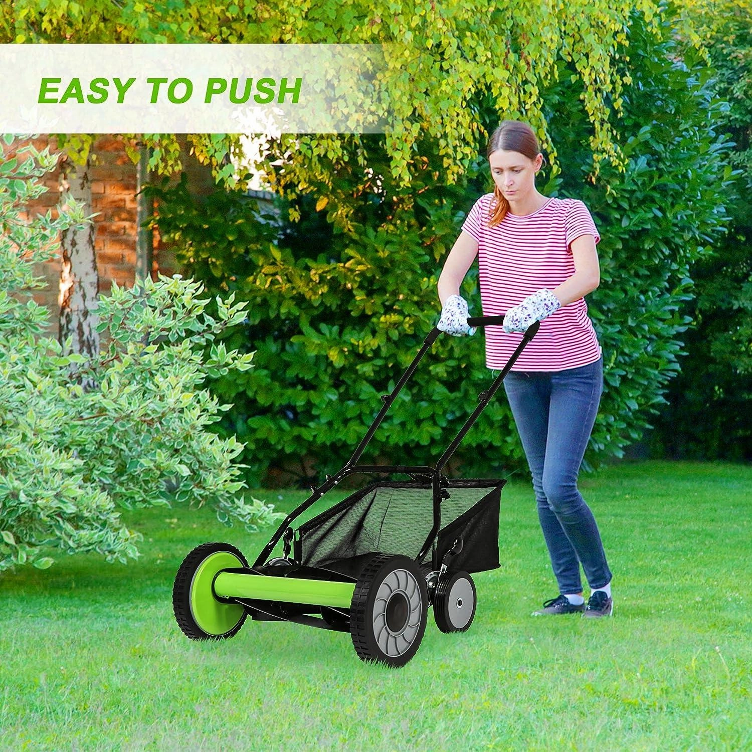 16" Push Cordless Lawn Mower 5-Blade Manual Walk-behind Mower with Detachable Grass Catcher, 4 Wheels