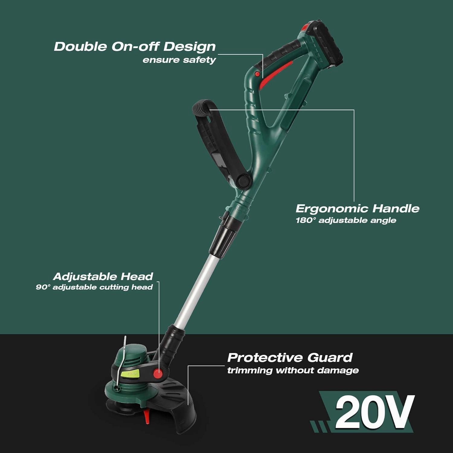 20V Cordless String Trimmer/Edger, 10 Cutting Path, 2.0Ah Battery & Charger Included
