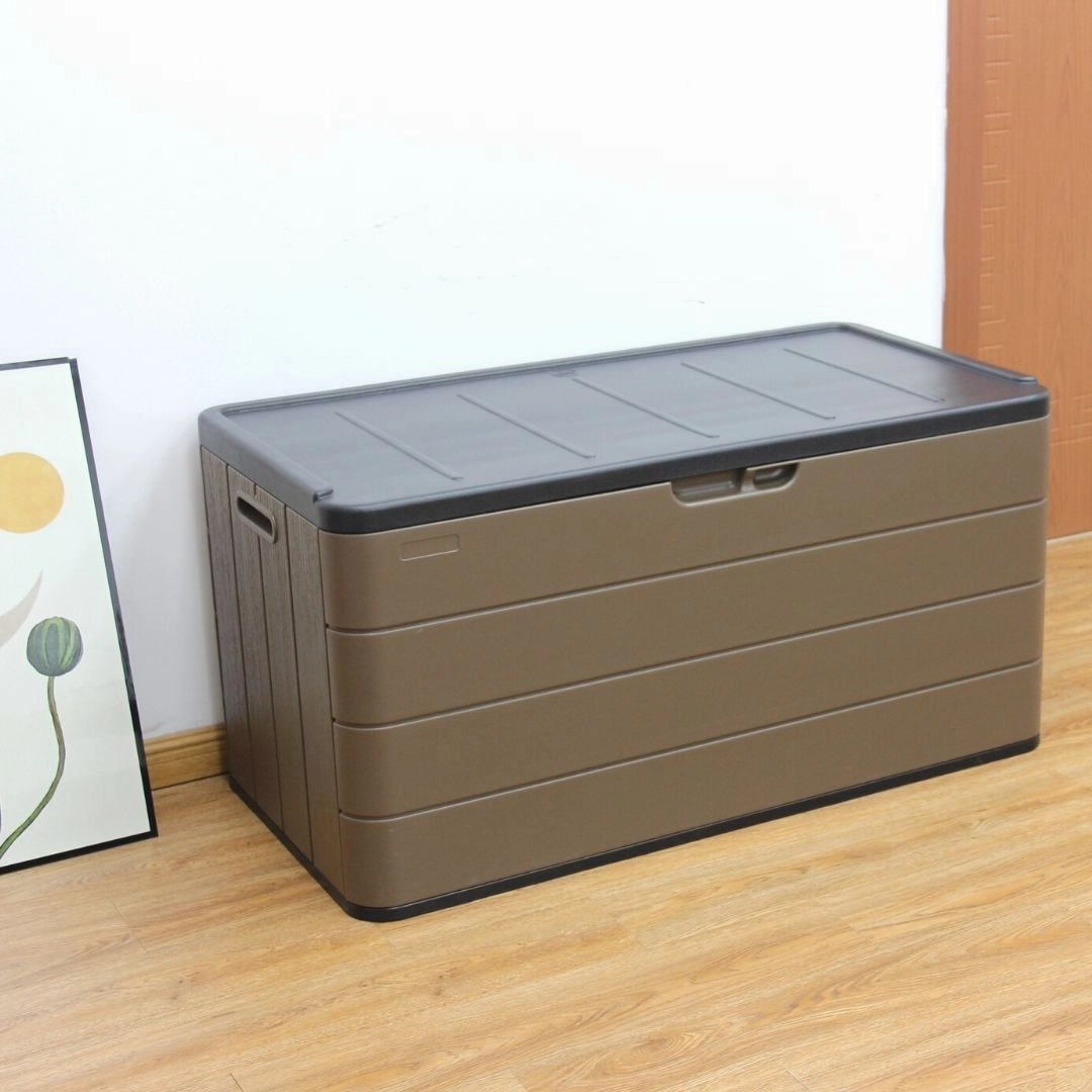 Ace Outdoor Storage Deck Box Brown wooden deck storage chest with cushions