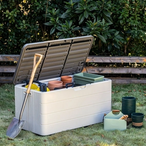Ace Outdoor Storage Deck Box White wooden deck storage chest with cushions