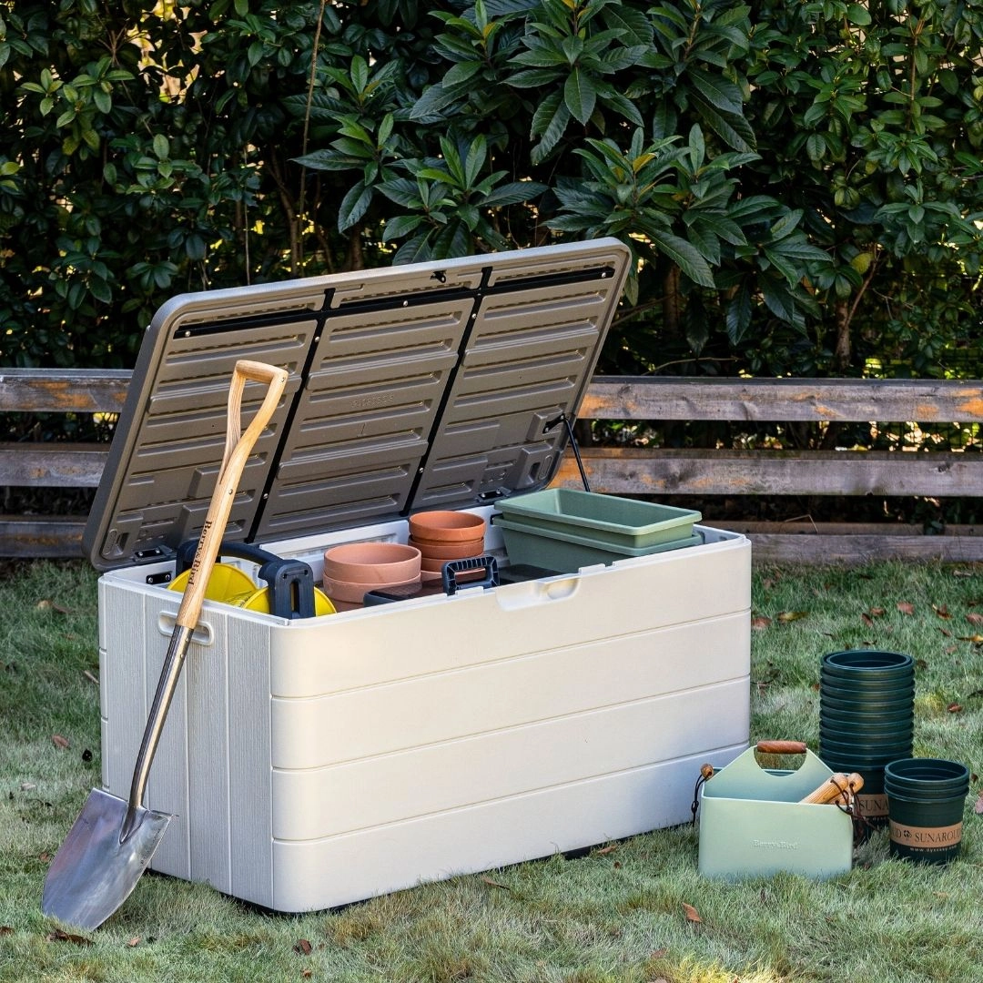 Ace Outdoor Storage Deck Box White wooden deck storage chest with cushions