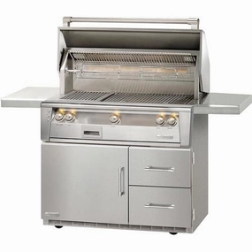 Alfresco 42 inch Standard Grill Sear Zone On Refrigerated Base ALXE-42SZRFG-NG stainless steel BBQ grill with side table