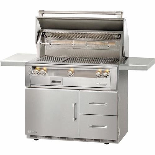 Alfresco 42 inch Standard Grill Sear Zone On Refrigerated Base ALXE-42SZRFG-NG stainless steel BBQ grill with side table