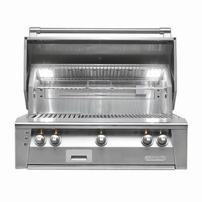 Alfresco ALXE 36-Inch Built-In Gas Grill With Sear Zone And Rotisserie stainless steel BBQ grill with side table