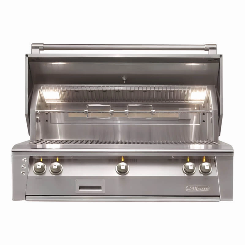 Alfresco ALXE 42-Inch Built-In Gas Grill With Sear Zone And Rotisserie stainless steel BBQ grill with side table