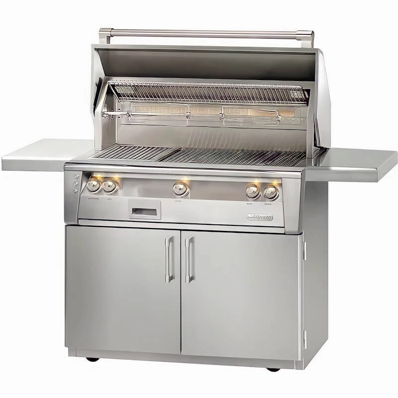 Alfresco ALXE 42-Inch Freestanding Gas Grill With Rotisserie stainless steel BBQ grill with side table
