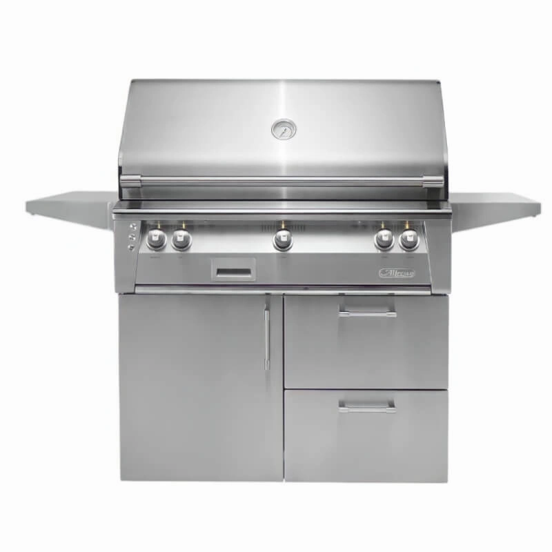 Alfresco ALXE 42-Inch Gas Grill on Deluxe Cart With Rotisserie stainless steel BBQ grill with side table