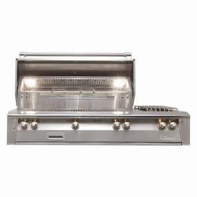 Alfresco ALXE 56-Inch Built-In Deluxe Grill With Sear Zone, Rotisserie And Side Burner stainless steel BBQ grill with side table