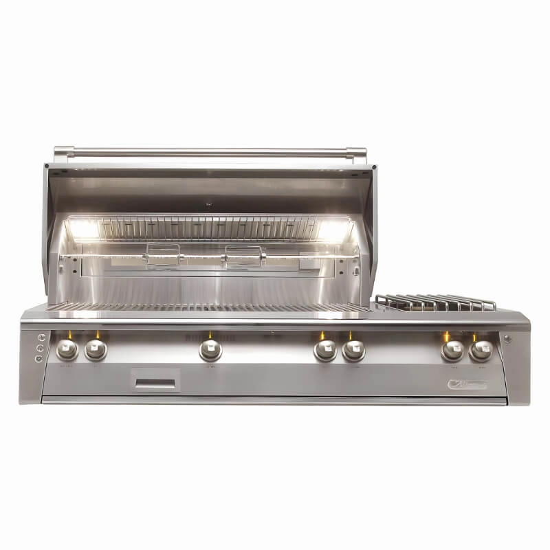 Alfresco ALXE 56-Inch Built-In Deluxe Grill With Sear Zone, Rotisserie And Side Burner stainless steel BBQ grill with side table