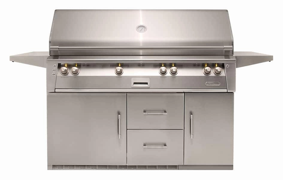 Alfresco ALXE 56-Inch Freestanding Gas All Grill On Refrigerated Cart ALXE-56BFGR stainless steel BBQ grill with side table