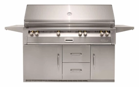 Alfresco ALXE 56-Inch Freestanding Gas All Grill On Refrigerated Cart ALXE-56BFGR stainless steel BBQ grill with side table