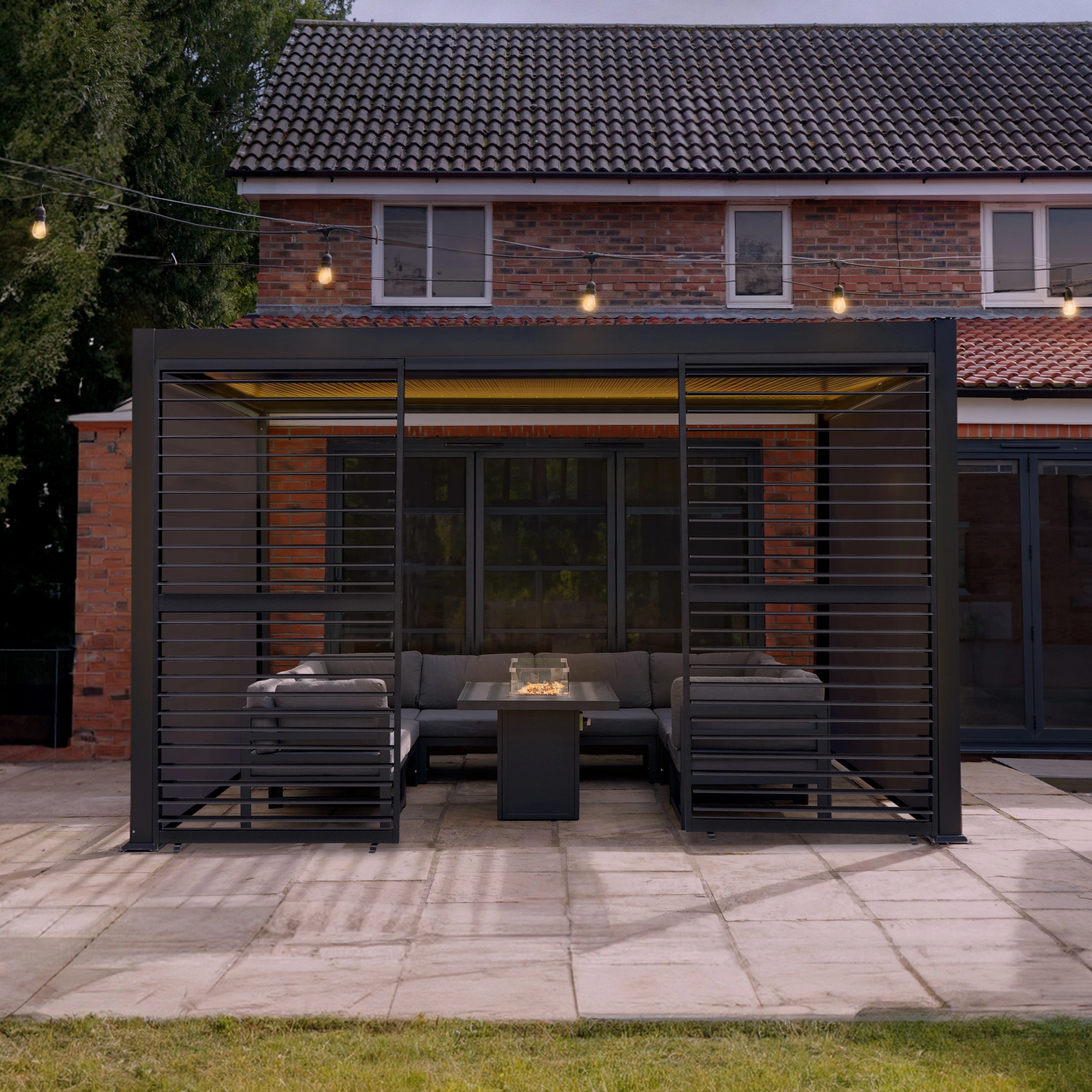 Aluminium Pergola With Anthracite Blinds, 2 x Side Panels & LED Lights - 3m x 3m
