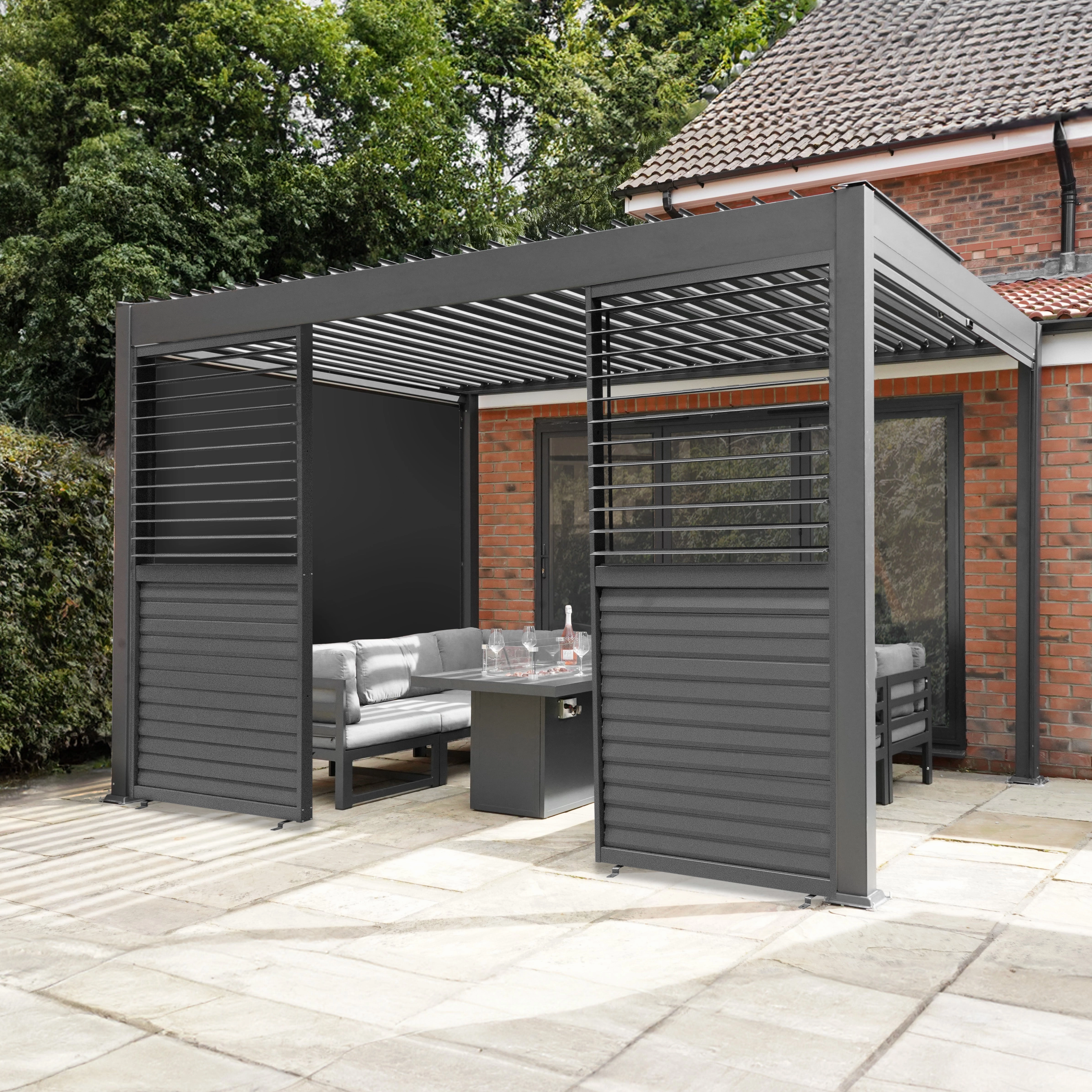Aluminium Pergola With Anthracite Blinds, 2 x Side Panels & LED Lights - 3m x 3m