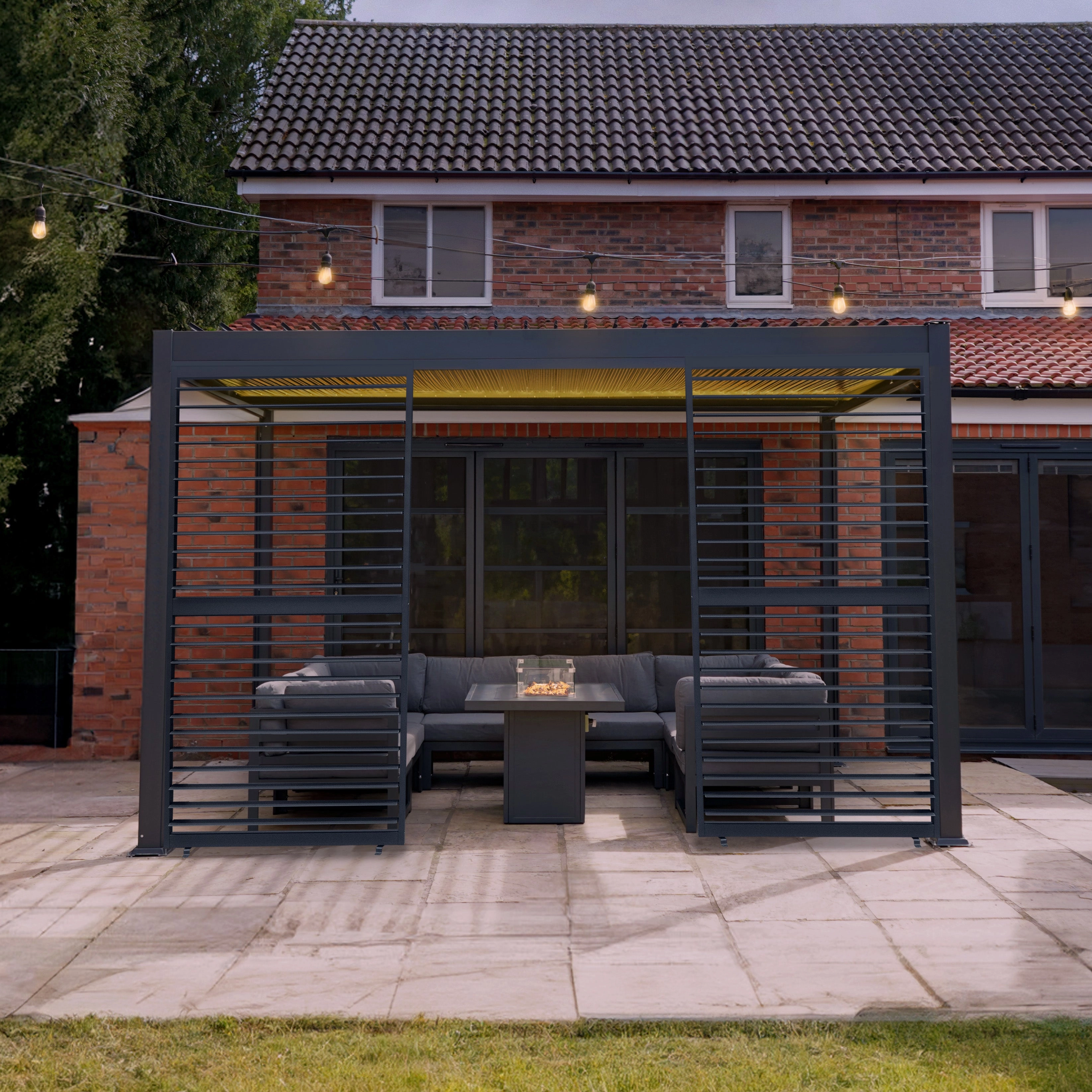 Anthracite Aluminium Pergola With LED Lights & 2 x Shutter Panels - 3m x 4m