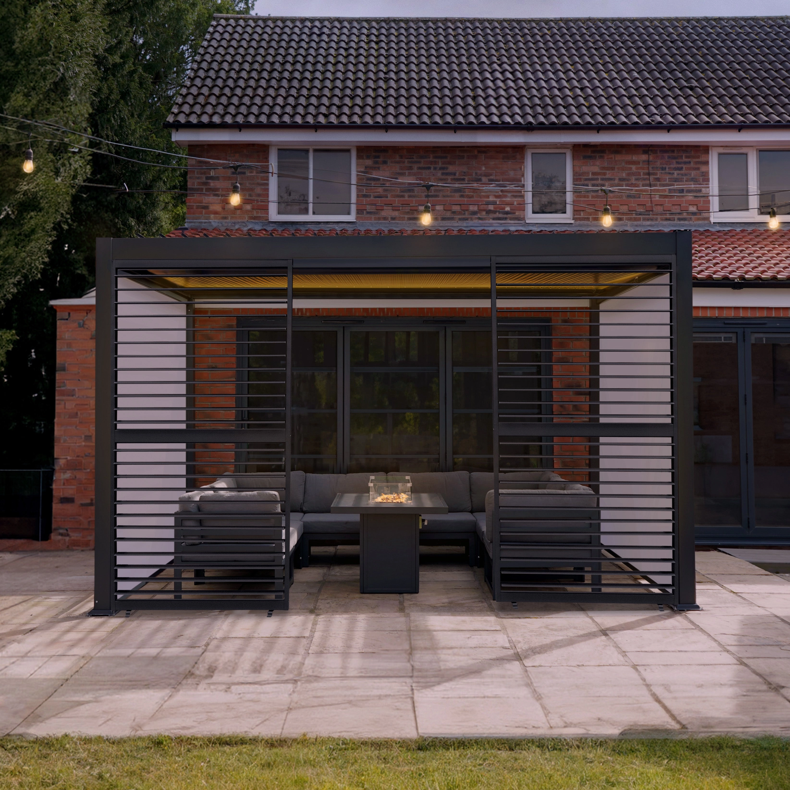 Anthracite Aluminium Pergola With White Blinds, 2 x Side Panels & LED Lights - 3m x 4m