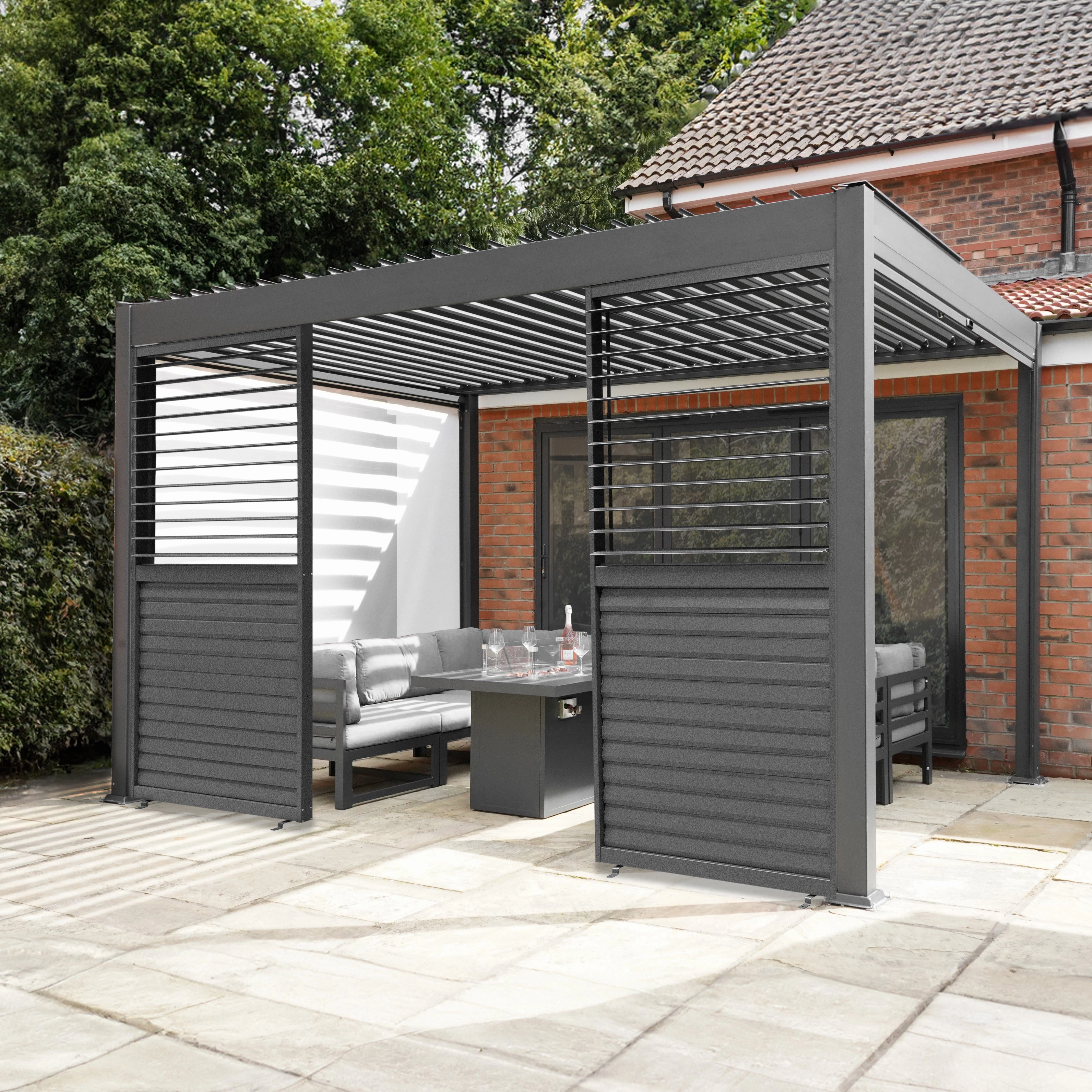 Anthracite Aluminium Pergola With White Blinds, 2 x Side Panels & LED Lights - 3m x 4m