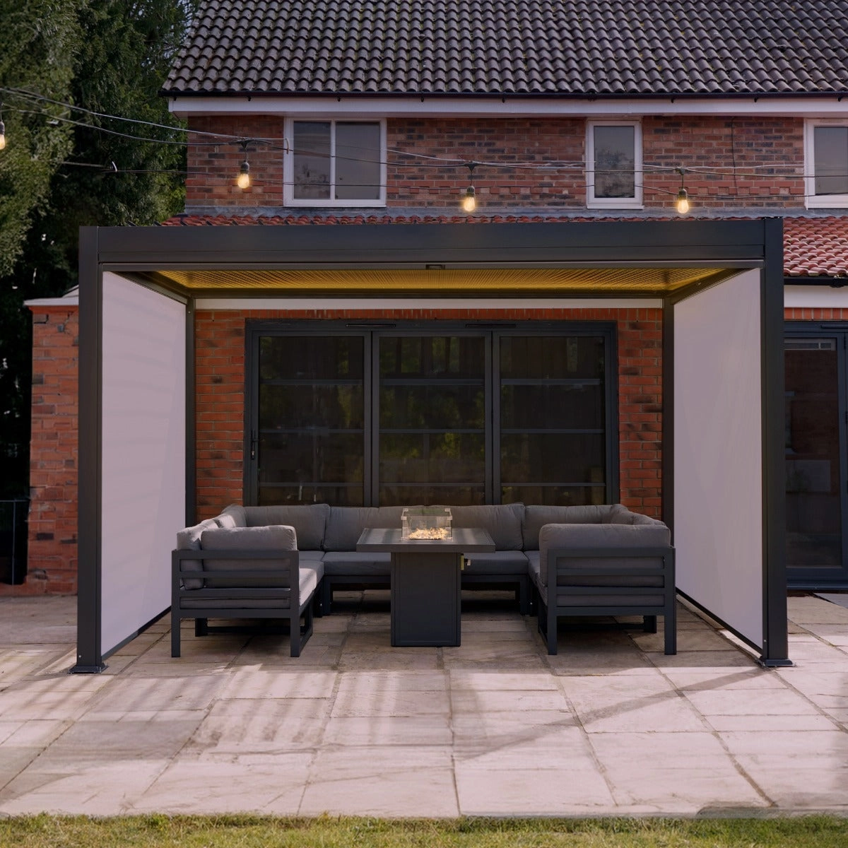 Anthracite Aluminium Pergola With White Blinds & LED Lights - 3m x 3m