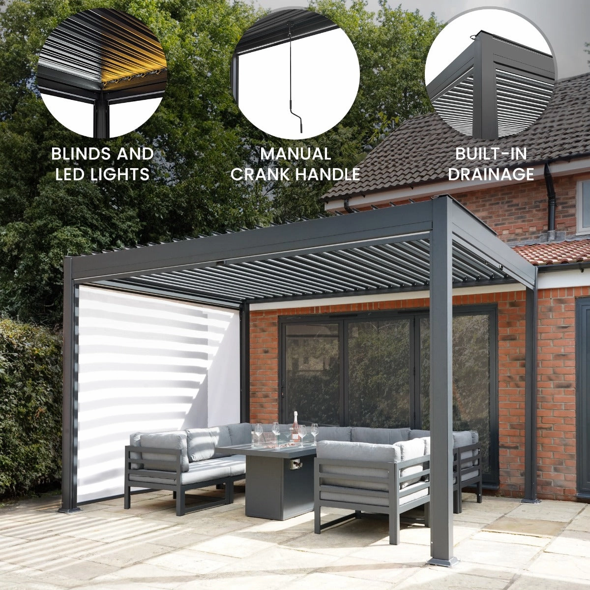 Anthracite Aluminium Pergola With White Blinds & LED Lights - 3m x 4m