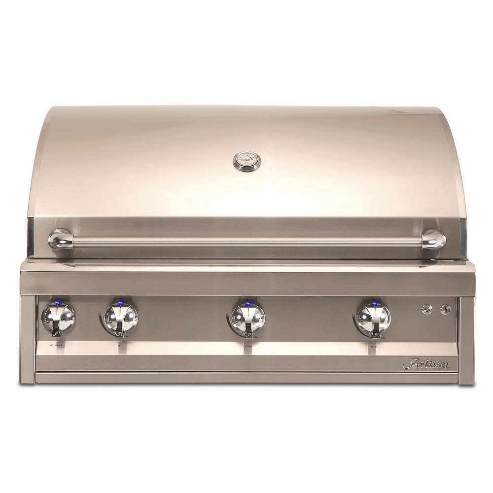 Artisan 36-Inch 3-Burner Built-In Professional Gas Grill With Rotisserie & Light ARTP-36-NG/LP stainless steel BBQ grill with side table