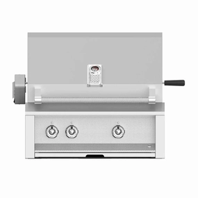 Aspire by Hestan 30-Inch Natural Gas Grill with Burner and Sear Rotisserie EMBR30-NG stainless steel BBQ grill with side table