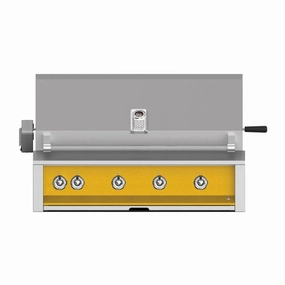 Aspire by Hestan 42 inch Liquid Propane Grill with 4 U-Burners and Rotisserie EABR42-LP-YW stainless steel BBQ grill with side table