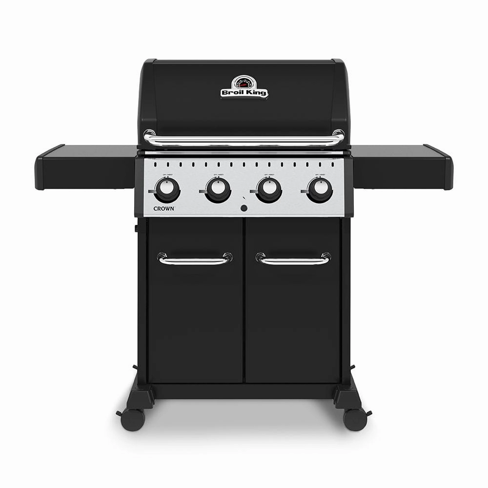 Broil King Crown 420 Gas Grill with 4 Stainless Steel Dual-Tube Burners stainless steel BBQ grill with side table