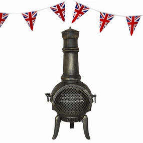 Cast Iron Chimenea & Union Jack Bunting luxury outdoor cooking system setup