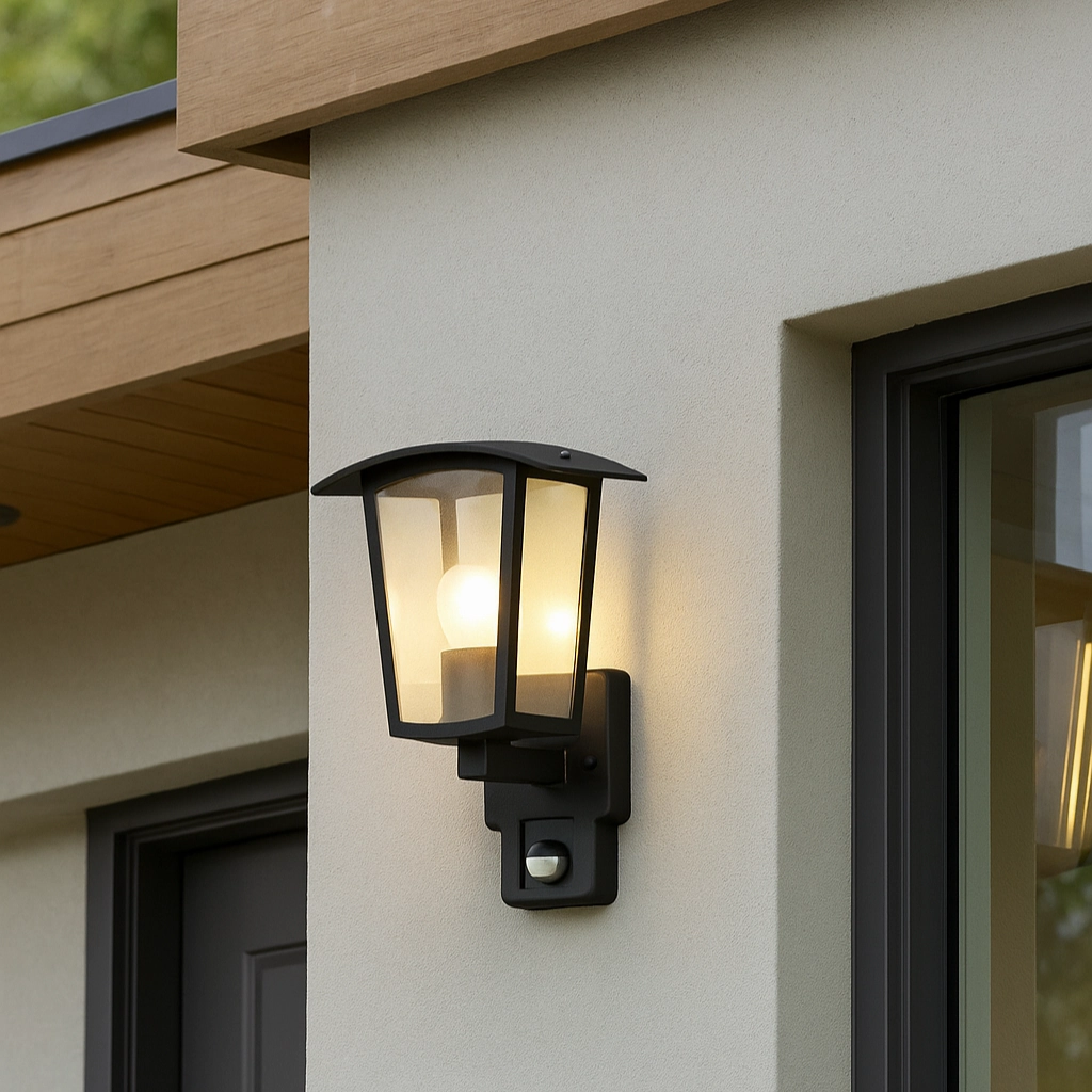 CGC ALLY Black E27 Outdoor Wall Light Lantern Clear Diffuser IP44 with PIR Motion Sensor