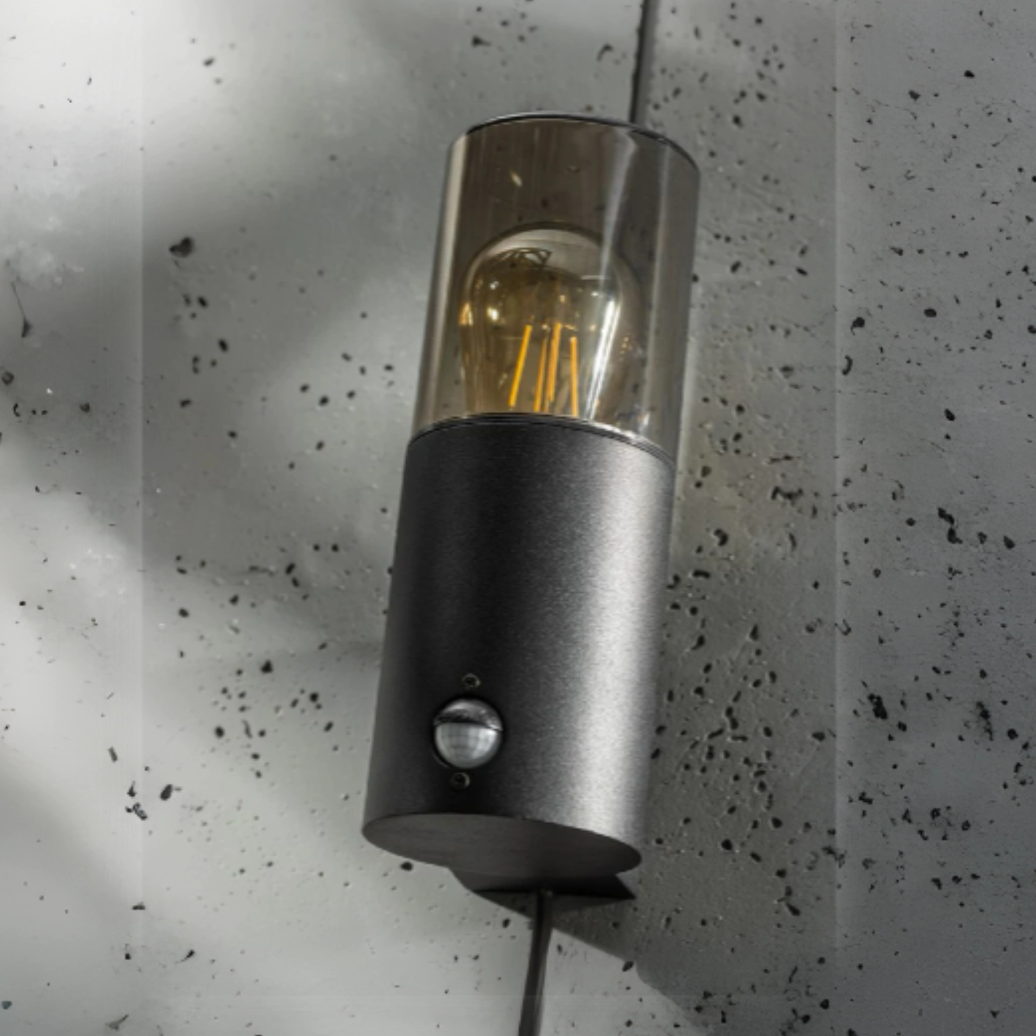CGC BLUEBELL Black Cylinder Wall Light with Smoky Diffuser & PIR Motion Sensor
