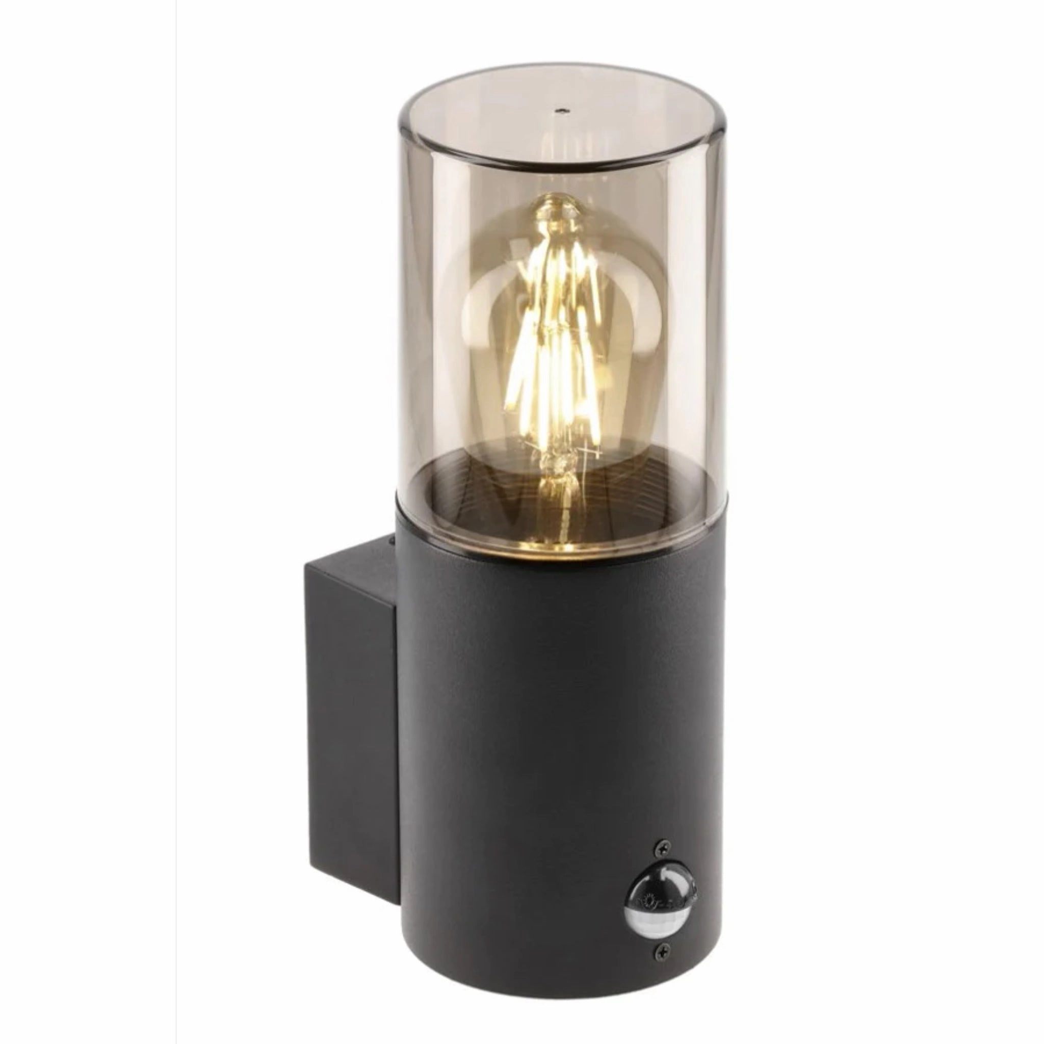 CGC BLUEBELL Black Cylinder Wall Light with Smoky Diffuser & PIR Motion Sensor