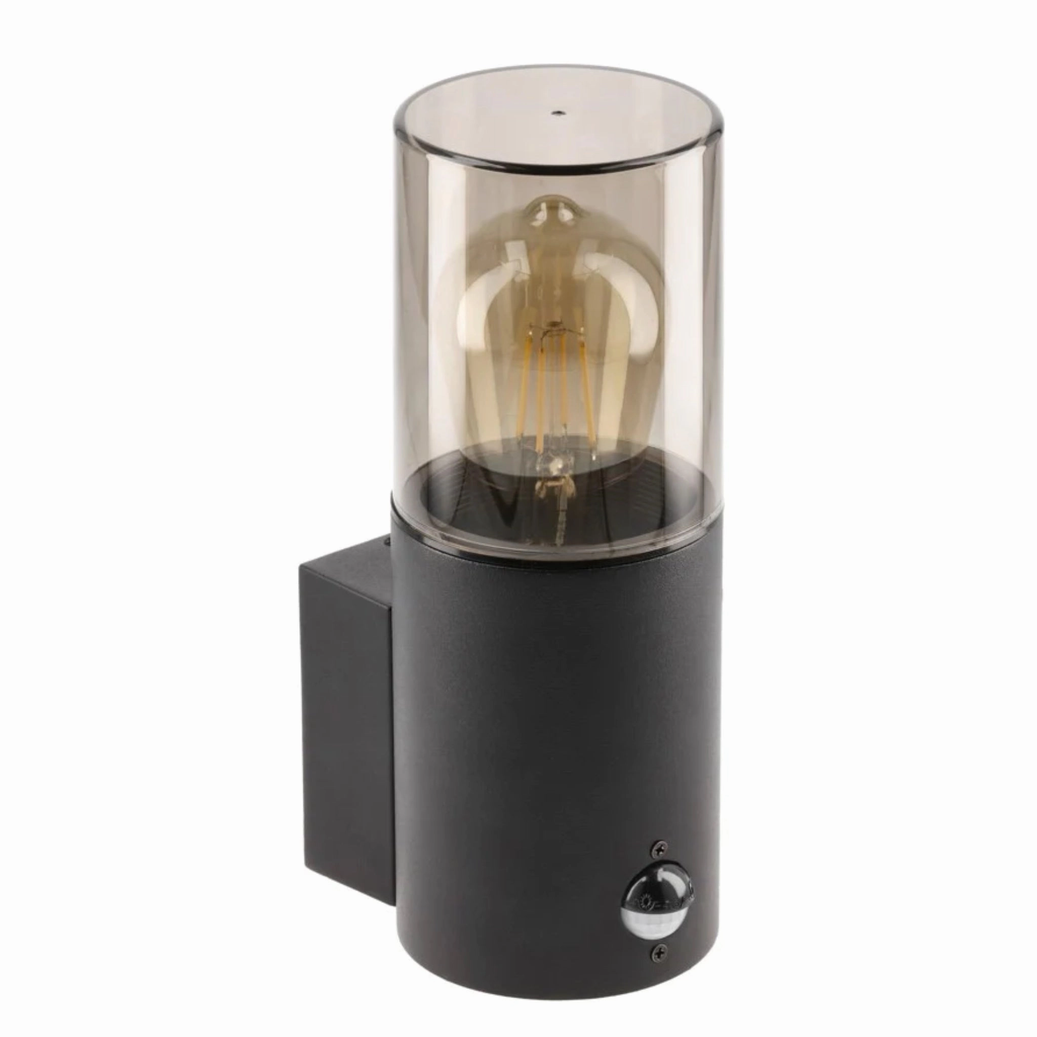 CGC BLUEBELL Black Cylinder Wall Light with Smoky Diffuser & PIR Motion Sensor