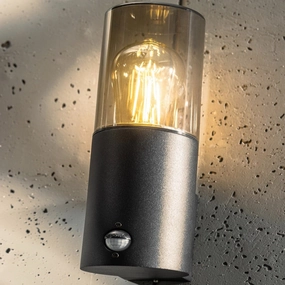 CGC BLUEBELL Black Cylinder Wall Light with Smoky Diffuser & PIR Motion SensorOutdoor wall sconces with motion sensor