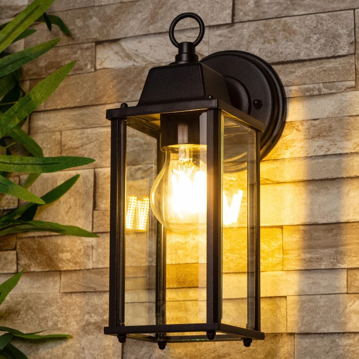 CGC FREYA Black Coach Lantern Wall Light with Bevelled Glass