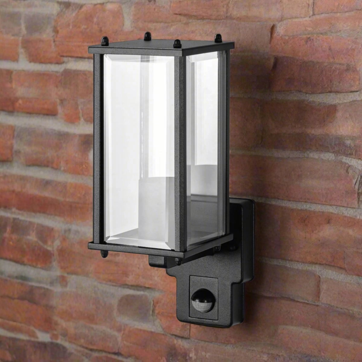 CGC MARIN Black Outdoor Wall Lantern Clear Bevelled Glass Diffuser WITH PIR Motion Sensor IP44