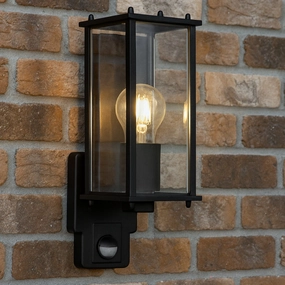 CGC MARIN Black Outdoor Wall Lantern Clear Bevelled Glass Diffuser WITH PIR Motion Sensor IP44Weatherproof outdoor lighting