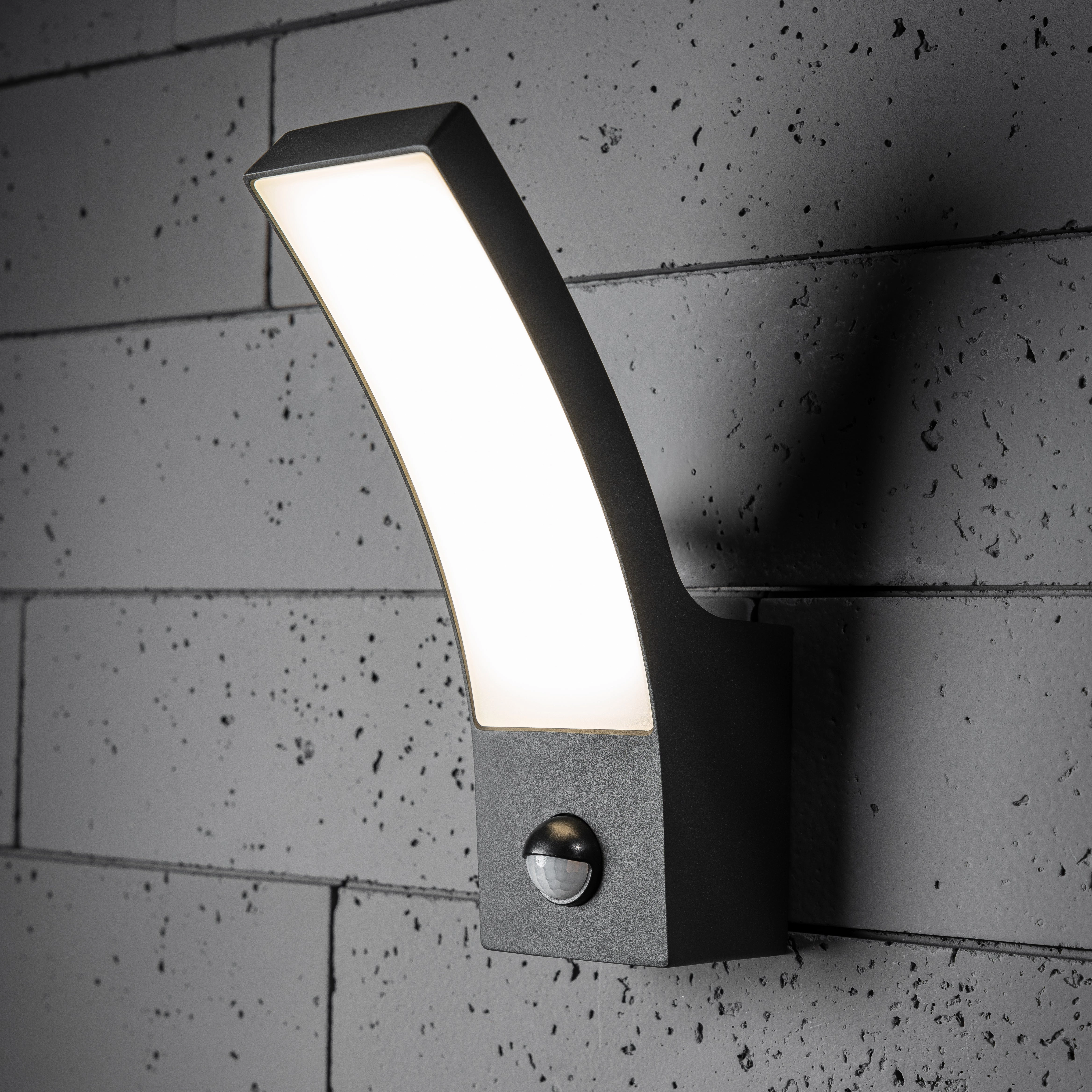 CGC MILLIE Anthracite Dark Grey Curved LED Wall Light PIR Motion Sensor Diecast Aluminium Opal Diffuser 4000k IP54Weatherproof outdoor lighting