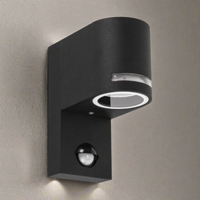CGC OAX Black Curved PIR Motion Sensor GU10 Single Down Outdoor Wall Light with Halo Front IlluminationWeatherproof outdoor lighting
