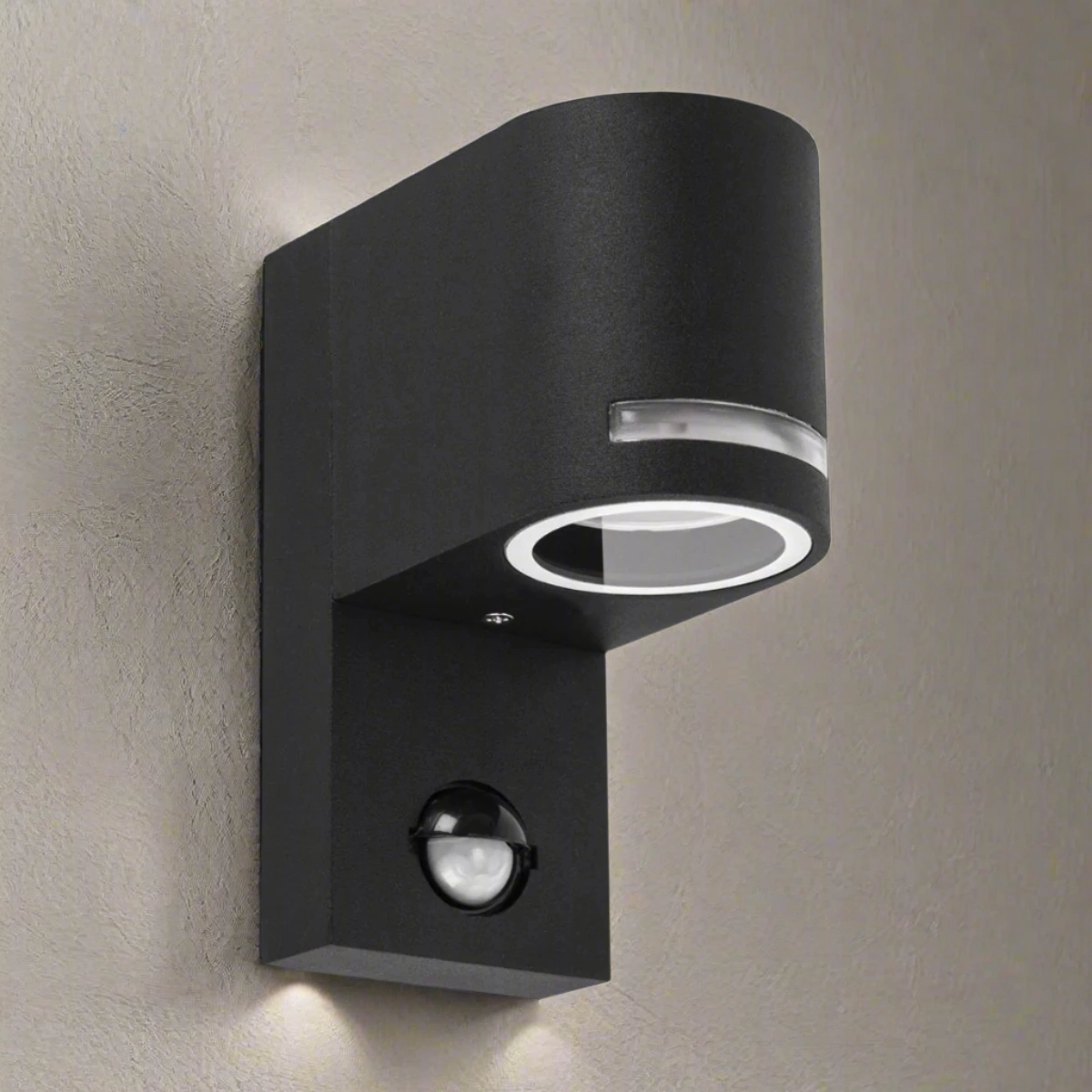 CGC OAX Black Curved PIR Motion Sensor GU10 Single Down Outdoor Wall Light with Halo Front IlluminationWeatherproof outdoor lighting