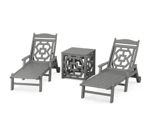 Chinoiserie 3-Piece Chaise Set with Umbrella Stand Accent Tableoutdoor patio dining furniture set