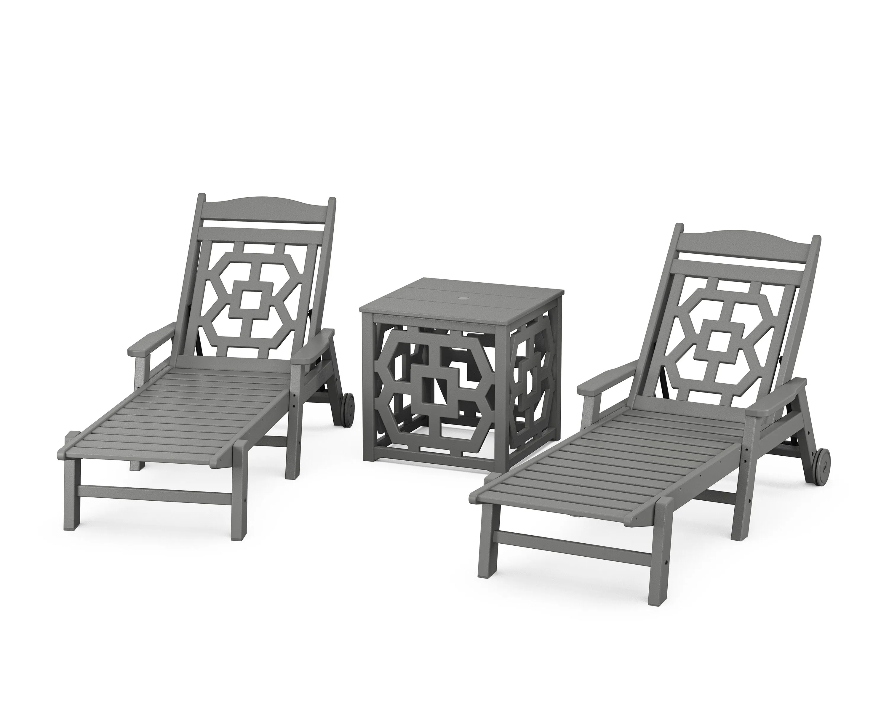 Chinoiserie 3-Piece Chaise Set with Umbrella Stand Accent Tableoutdoor patio dining furniture set