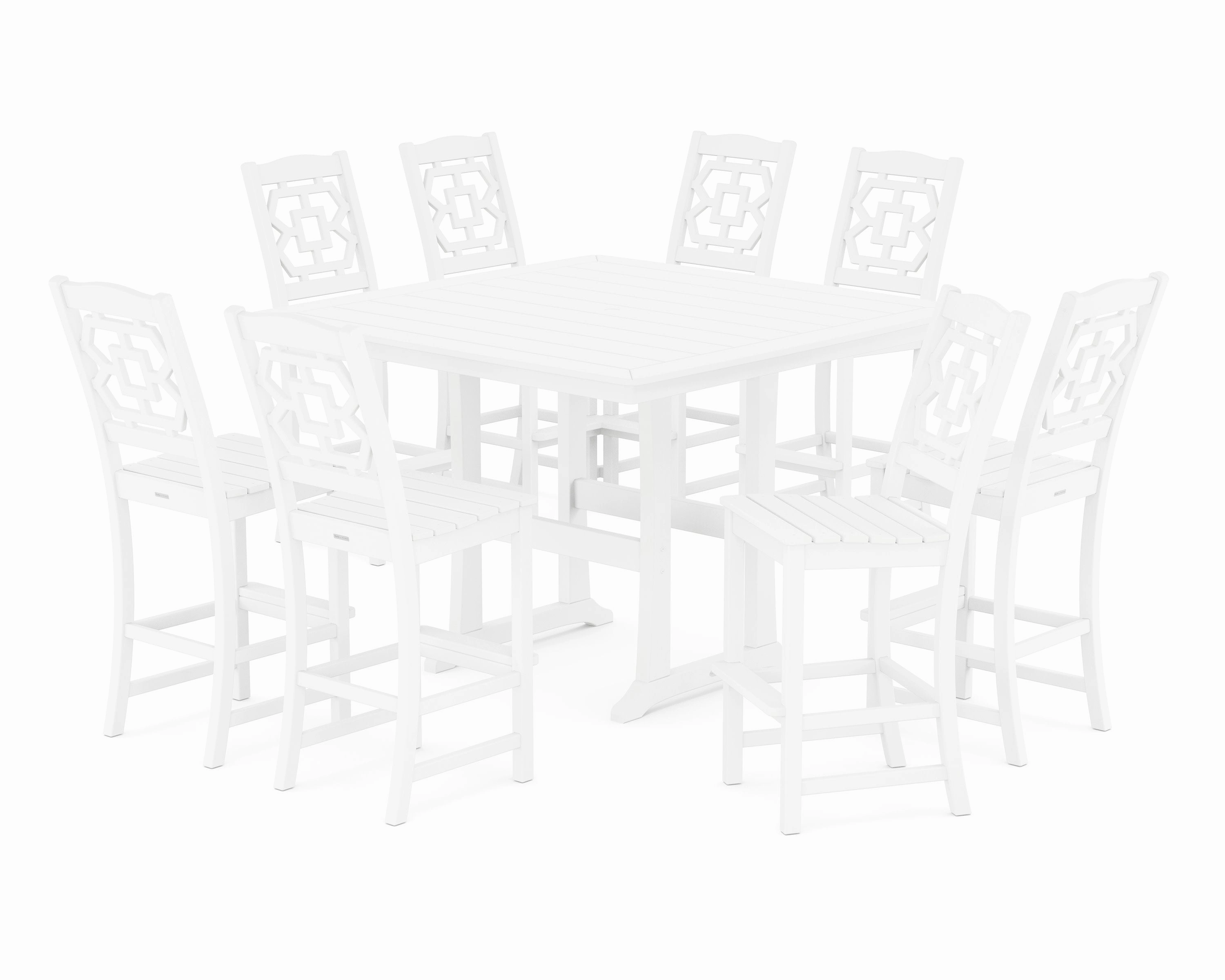 Chinoiserie 9-Piece Square Side Chair Bar Set with Trestle Legs