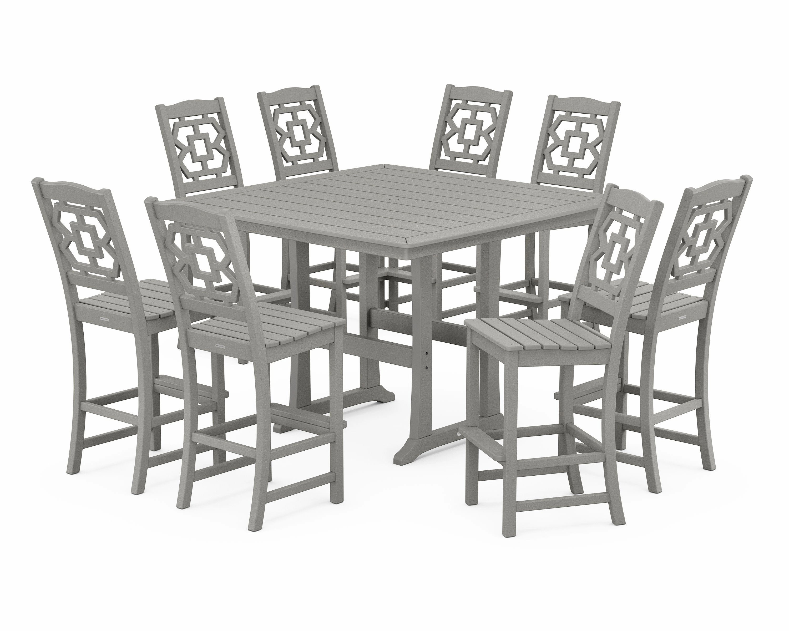 Chinoiserie 9-Piece Square Side Chair Bar Set with Trestle Legsoutdoor patio furniture set