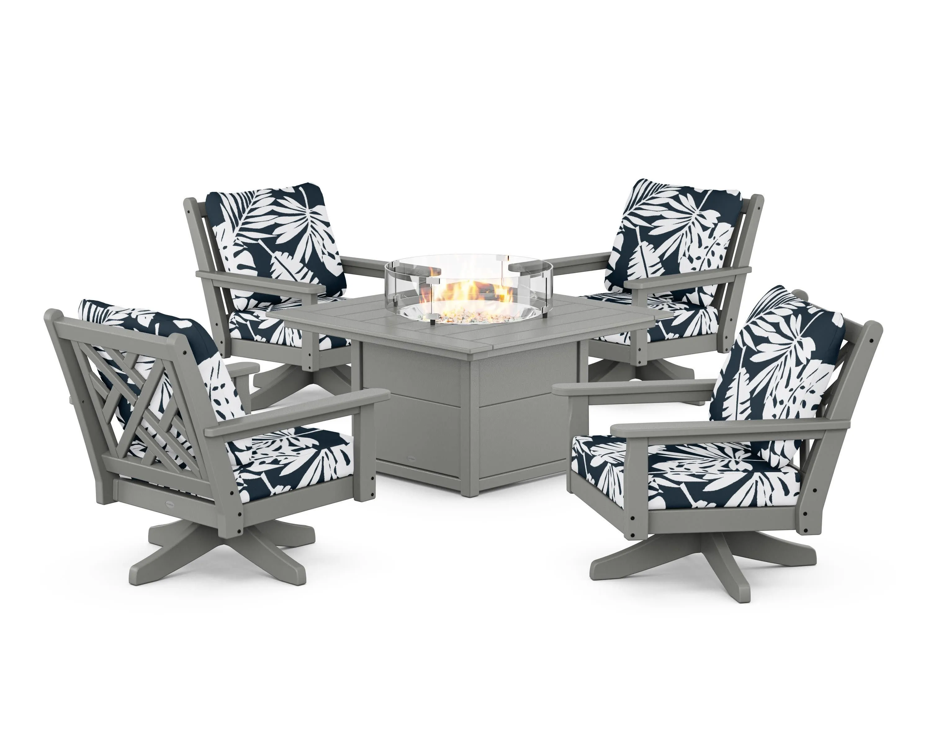 Chippendale 5-Piece Deep Seating Swivel Conversation Set with Fire Pit Table