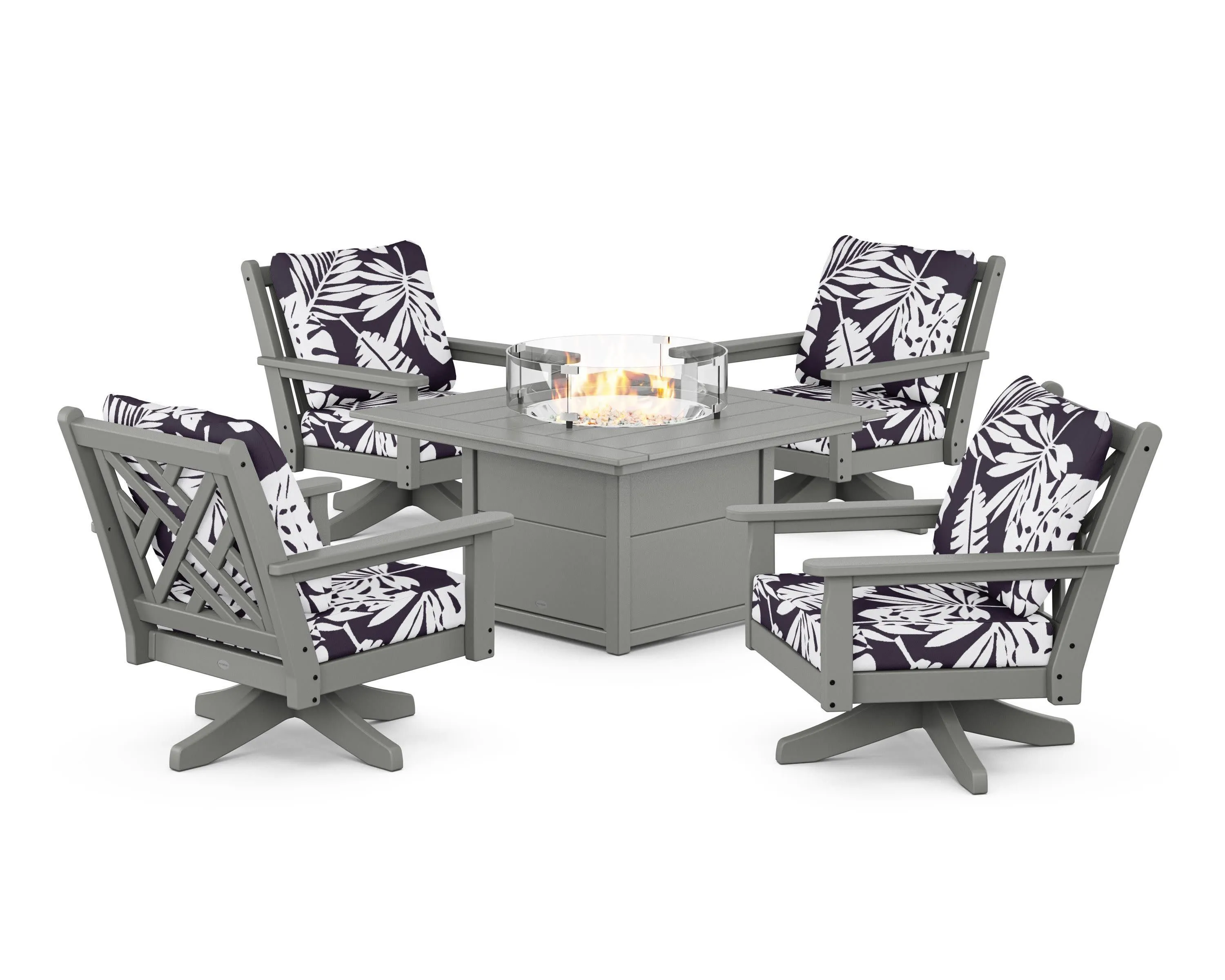 Chippendale 5-Piece Deep Seating Swivel Conversation Set with Fire Pit Table