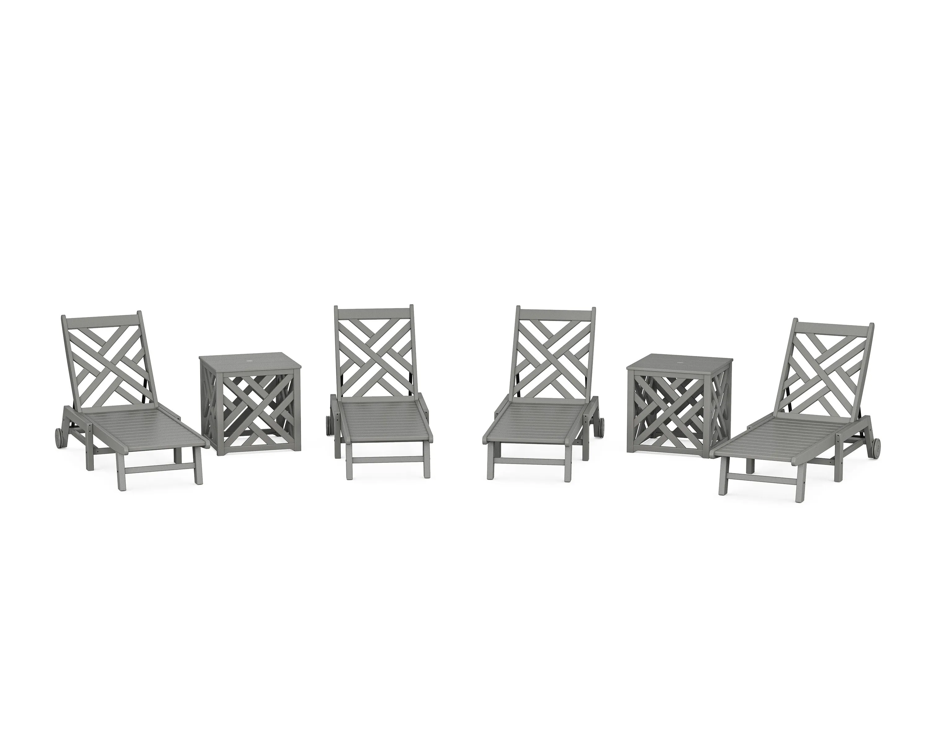 Chippendale 6-Piece Chaise Set with Wheels and Umbrella Stand Accent Tableoutdoor patio dining furniture set
